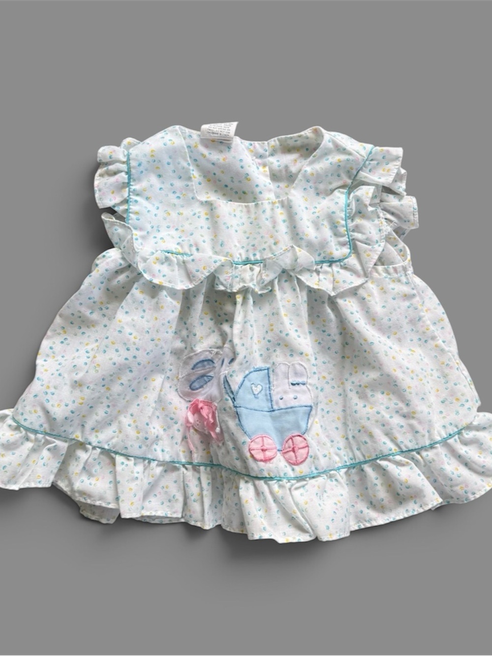 Vtg Cuties by Judy Pastel Polka Dot Embroidered Baby Carriage Pinafore Dress 12M